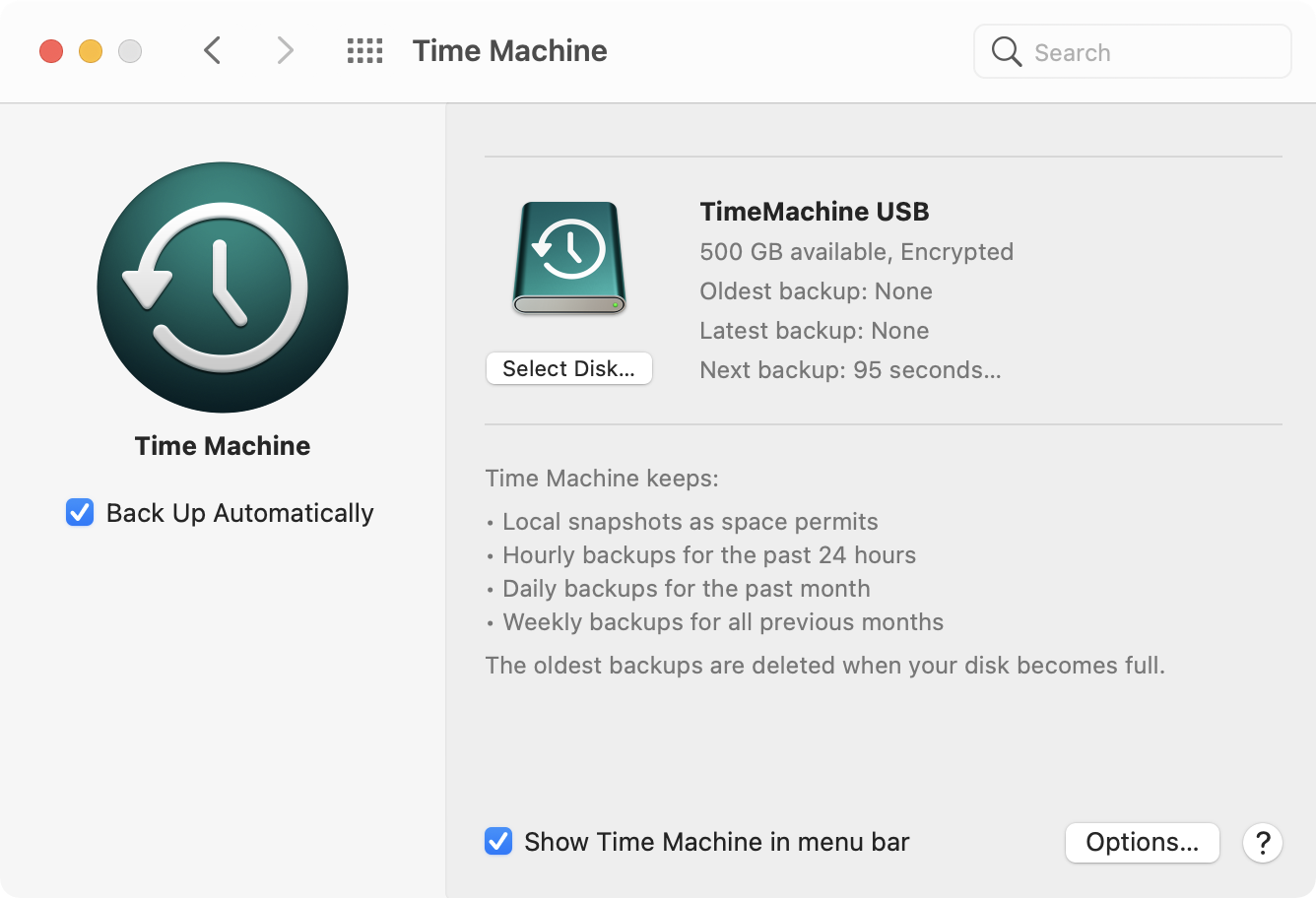 Time Machine's preference pane showing the 500-GB volume I created on a 1 TB APFS-fromatted disk